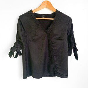 Shein Black Lace Trim Tie Sleeve Blouse